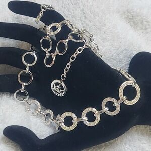 Trifari Silver Tone Rhinestone Circle Link Necklace Crown Logo Adjustable 18in